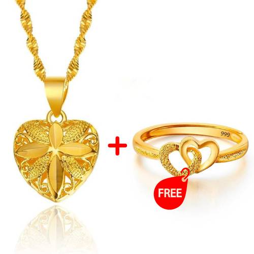 Gold Heart Necklace With Free Heart Ring (GIFT)